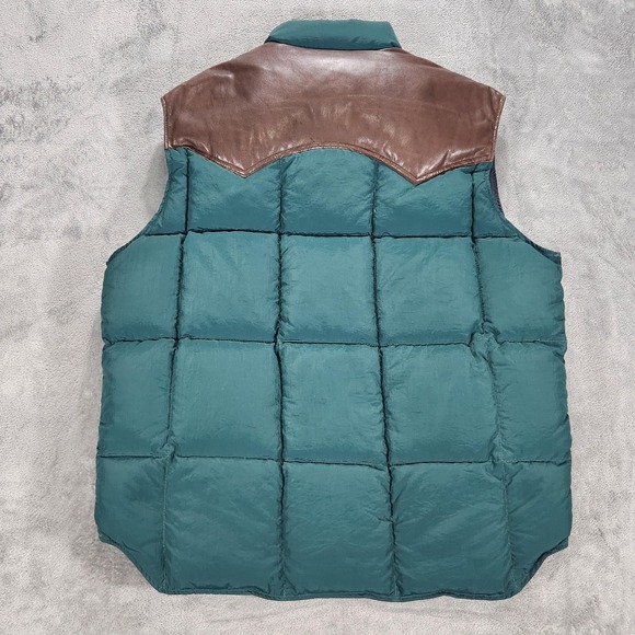Woolrich Vest Mens Large Green Down Quilted Puffer Leather Yoke Western USA - Picture 2 of 9